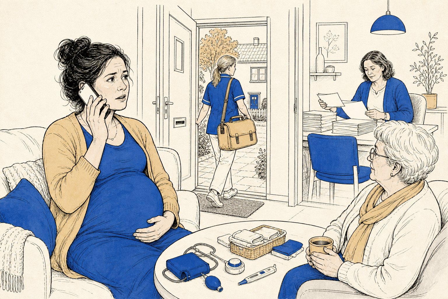 Illustratie: zwangere vrouw belt vanaf de bank terwijl een kraamverzorgende met haar tas naar een ander adres vertrekt