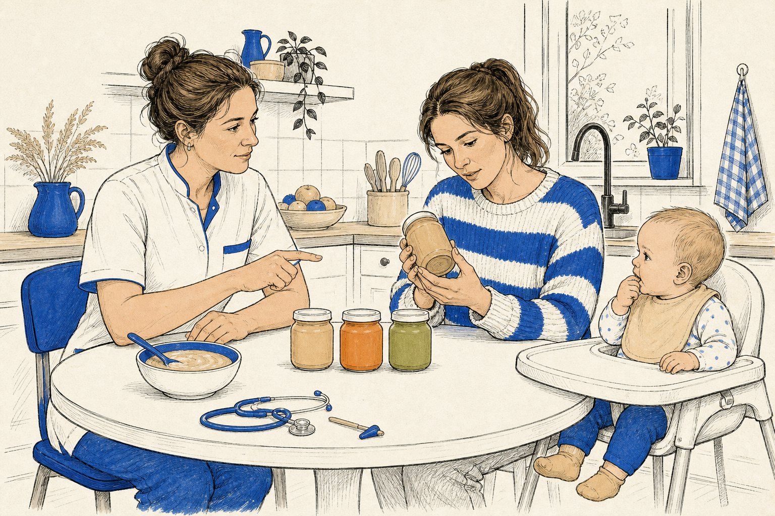 Illustratie: kraamverzorgende en ouder vergelijken potjes babyvoeding aan de keukentafel, baby in kinderstoel